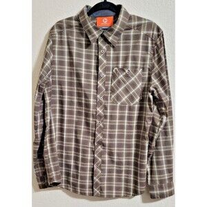 EUC Merrell Shirt Selectwick Men Large Plaid Flannel Brown Granola Hike Outdoor